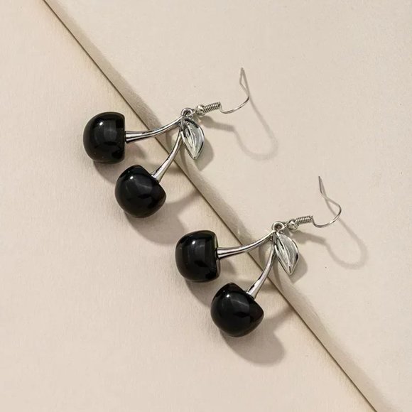 Silver & Black Cherry Fruit Earrings NEW - Picture 2 of 6